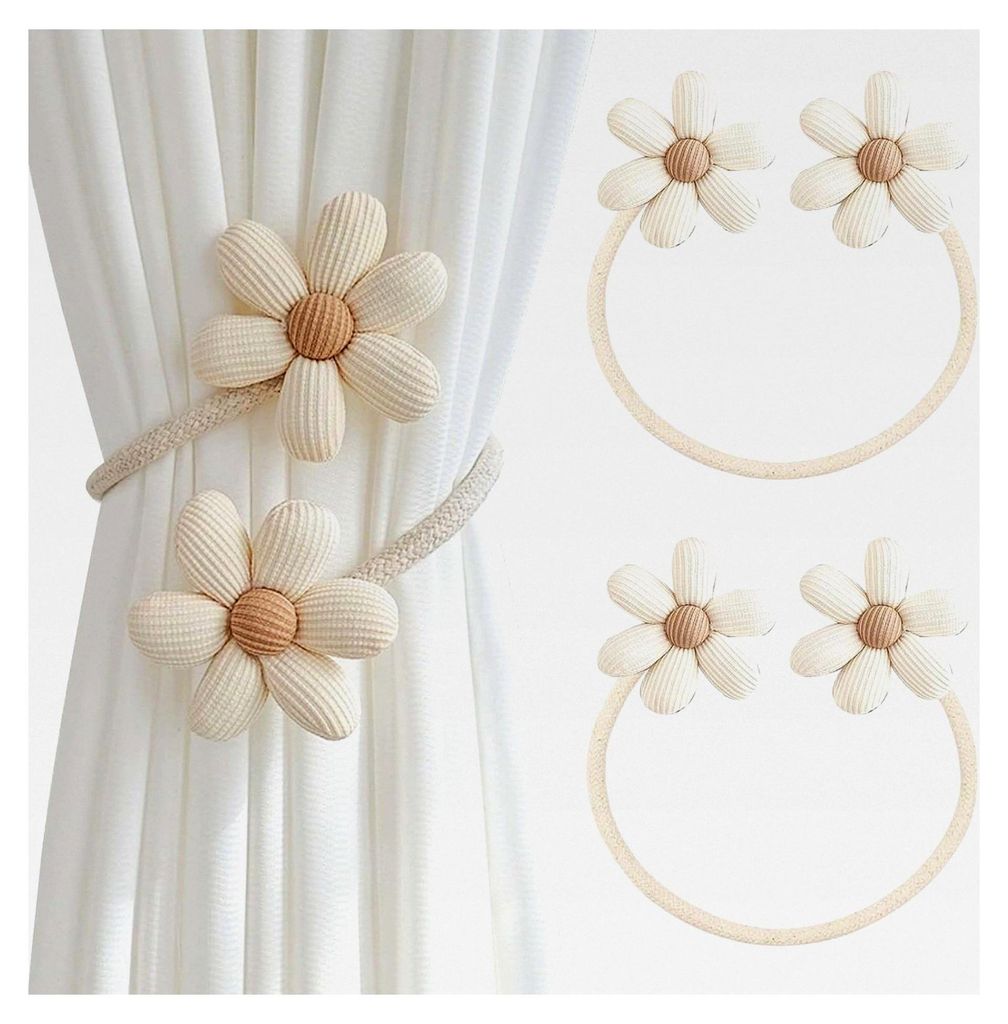 2 Stück Vorhangseil-Schnallen, Blumen Gardinenclips, Verstellbare Raffhalter für Fensterdekoration (Beige)
