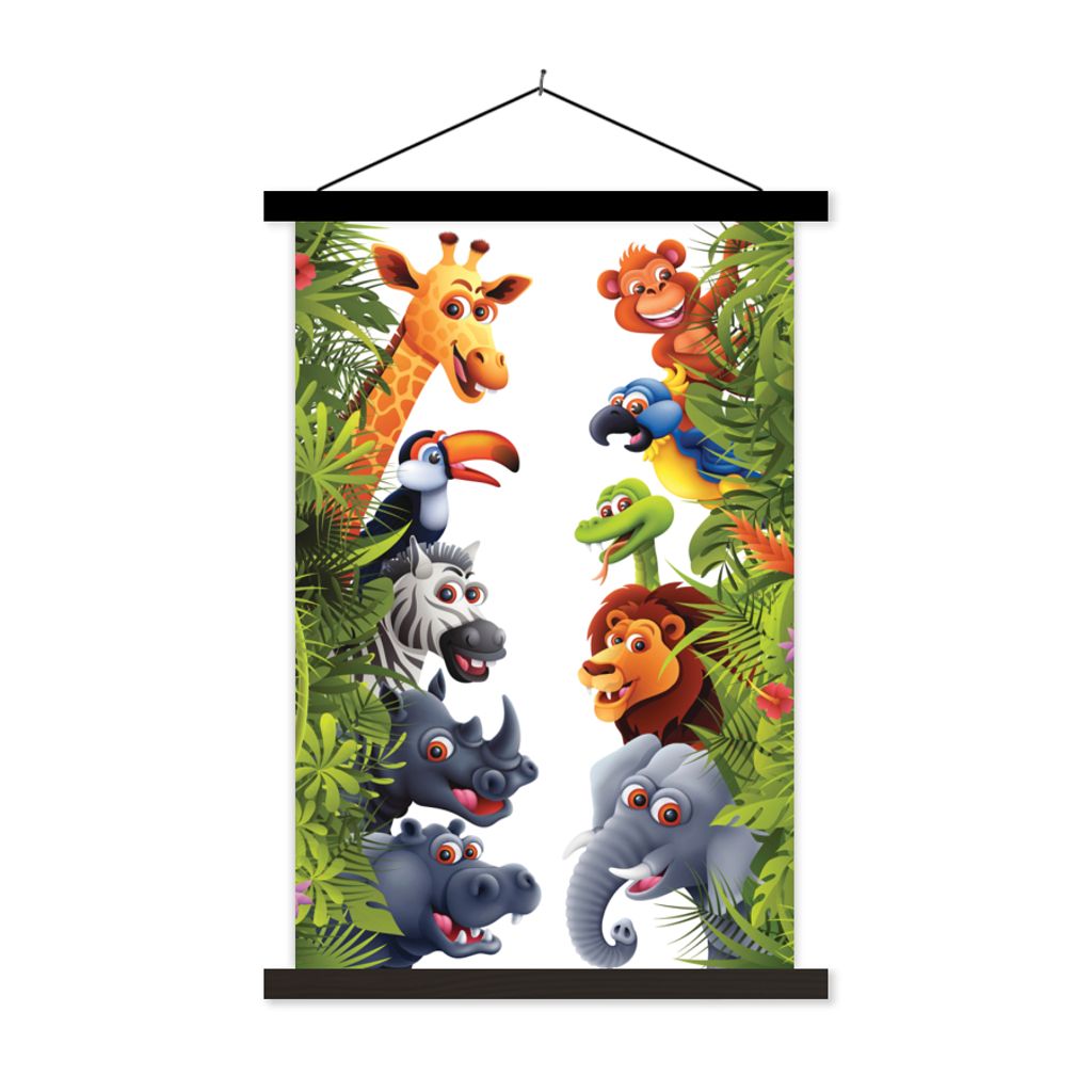 MuchoWow Textilposter Dschungel - Tiere - Jungen - Mädchen - Giraffe - Elefant - Kinder 60x90 cm mit schwarzem Rahmen - Poster Wohnzimmer