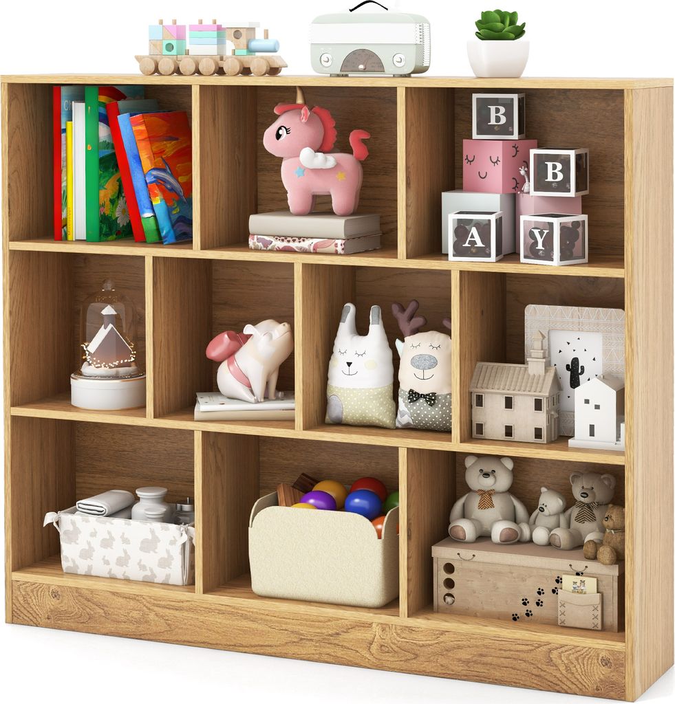 DREAMADE Bücherregal mit 10 Fächern, 3-stufiges Holzregal, Aufbewahrungs-Organizern mit 2 Kippschutz-Kits, modernes freistehende Ausstellungsrega...