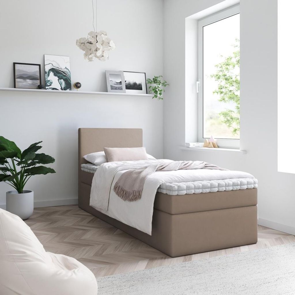 Bett Boxspringbett TOP MINI TOPPER T25, Bettkästen - Einzelbett, Stauraum, Schlafzimmer,Polsterbett (80x200, Cappuccino - ITAKA 48)