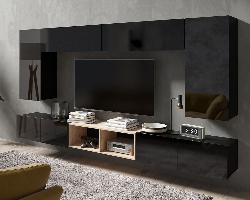 Wohnwand Amanda XII Komplette Möbelwand Breite 300cm Anbauwand Wohnzimmer-Set Hängewohnwand (Schwarz matt + Schwarz Hochglanz Fronten / Artisan E...