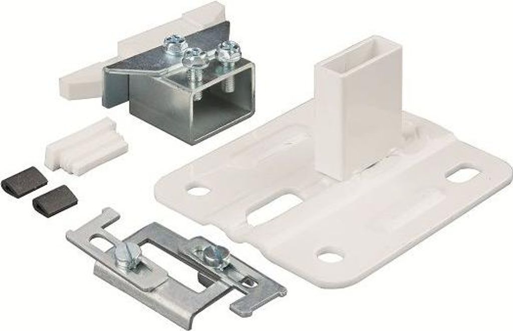 A collection of plumbing parts for a radiator, including a white plastic standpipe foot and various metal and plastic connectors and brackets, laid out on a white background.