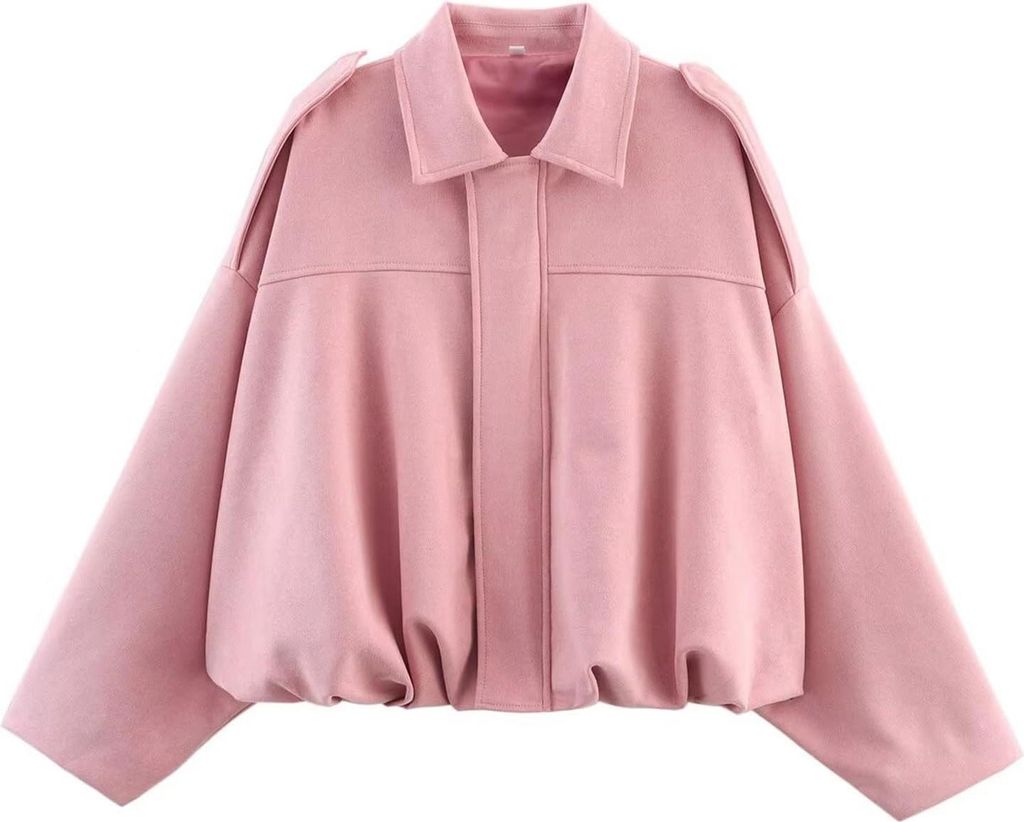 ASKSA Damen Jacke Wildlederjacke Kurz Oversized Bomberjacke aus WildKunstleder Revers Herbst Streetwear Winterjacke (Rosa,L)