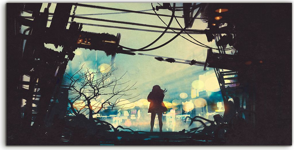 Coloray Acrylbild 120x60 Wandbild Acrylbilder Foto Frau steht zwischen alten Ruinen