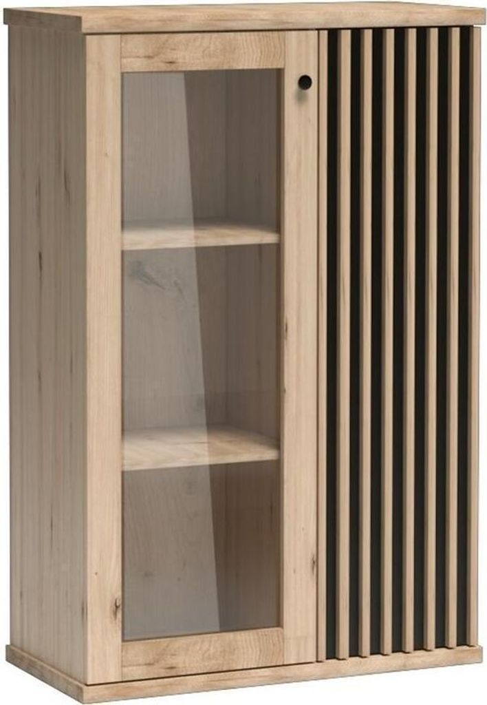 Bettso Vitrine Höhe Kommode mit Glas skandinavischer Stil 86 x 191 cm CALI C3 Eiche Artisan mit Lamellen