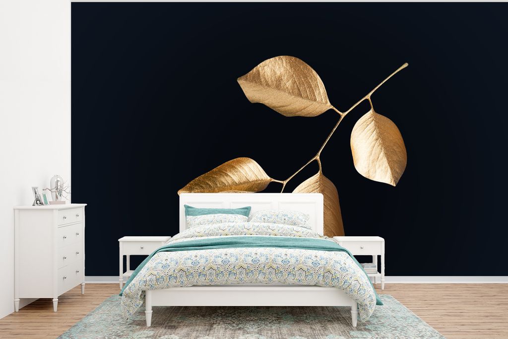 MuchoWow Fototapete für Wohnzimmer oder Schlafzimmer Wandtapete Vinyl Motivtapete Blätter - Zweig - Gold - Luxus - 375x280 cm - Schlafzimmer ta...