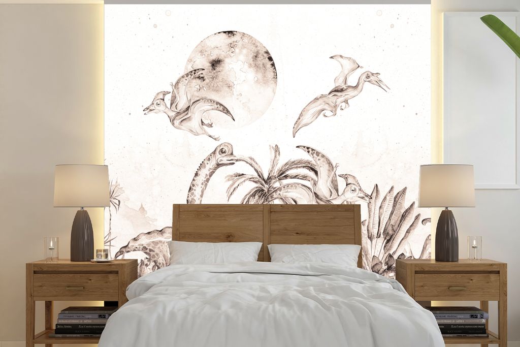 MuchoWow Fototapete für Wohnzimmer oder Schlafzimmer Wandtapete Vinyl Motivtapete Dino - Kinder - Dschungel - Pflanzen - Kinder - 220x220 cm - K...