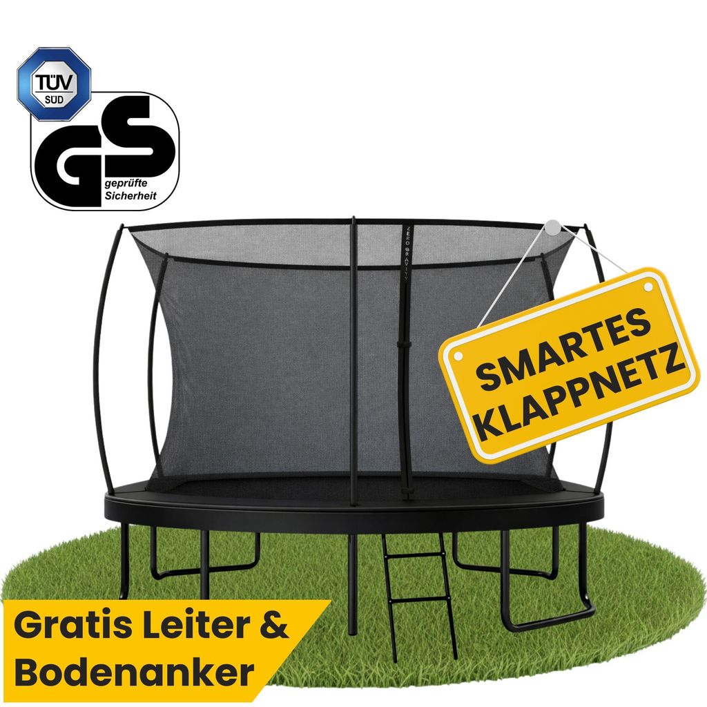 Zero Gravity Trampolin 305x213 cm inkl. Leiter & 4 Bodenanker / Schneller Auf- und Abbau dank smartem Klappnetz / Max. 100 kg / Ultima 5 Black-Edition