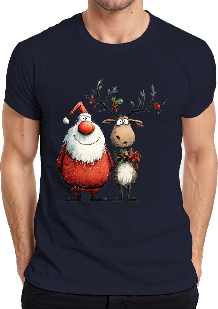 Lustiger Weihnachtsmann und Rentier Cartoon Weihnachten Geschenk Herren T-Shirt, Navy, XXL