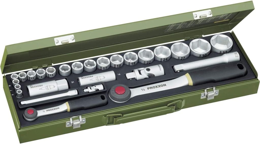 A toolset in a green metal case.