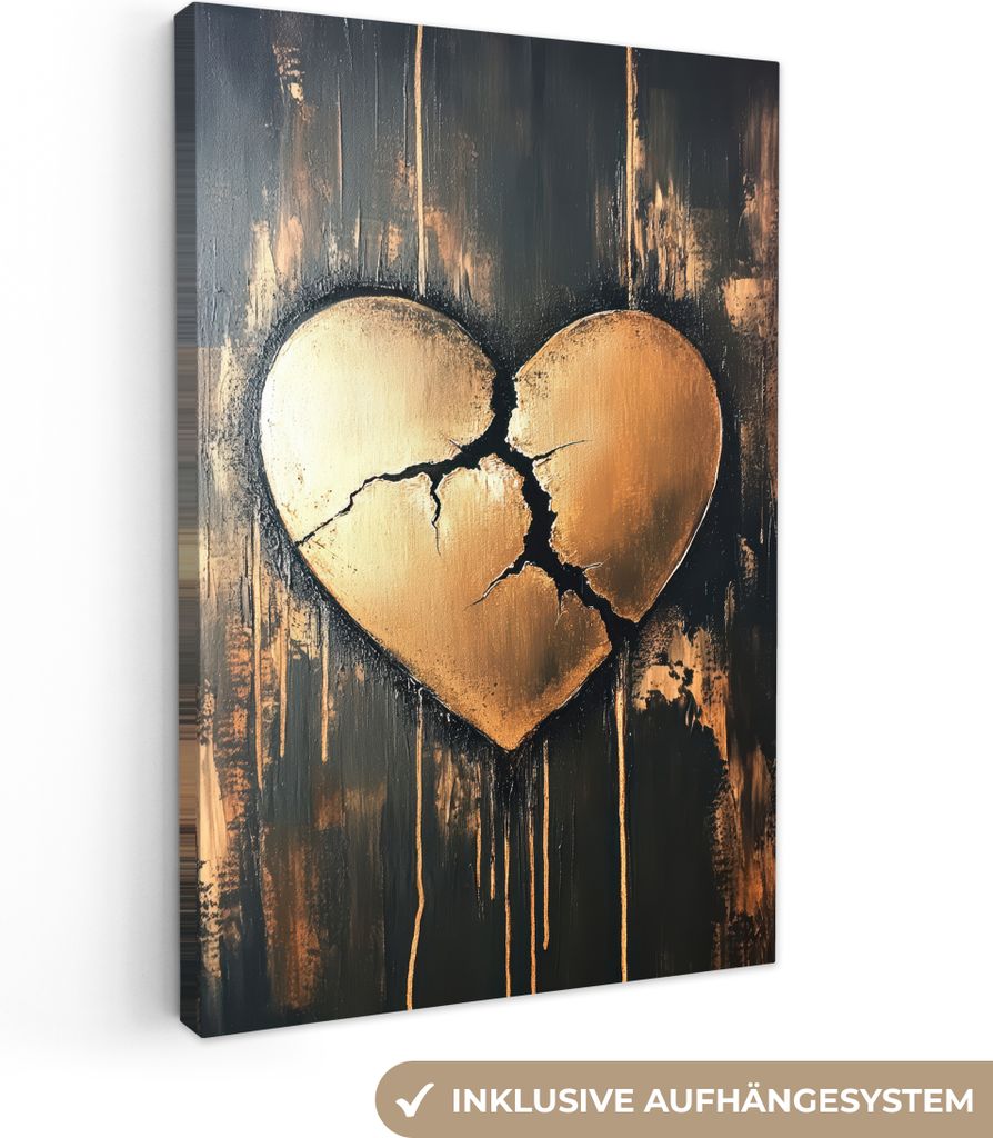 Leinwand Bilder 80x120 cm - Gebrochenes Herz - Gold, Wandbilder, Wanddeko Wohnzimmer, Bild