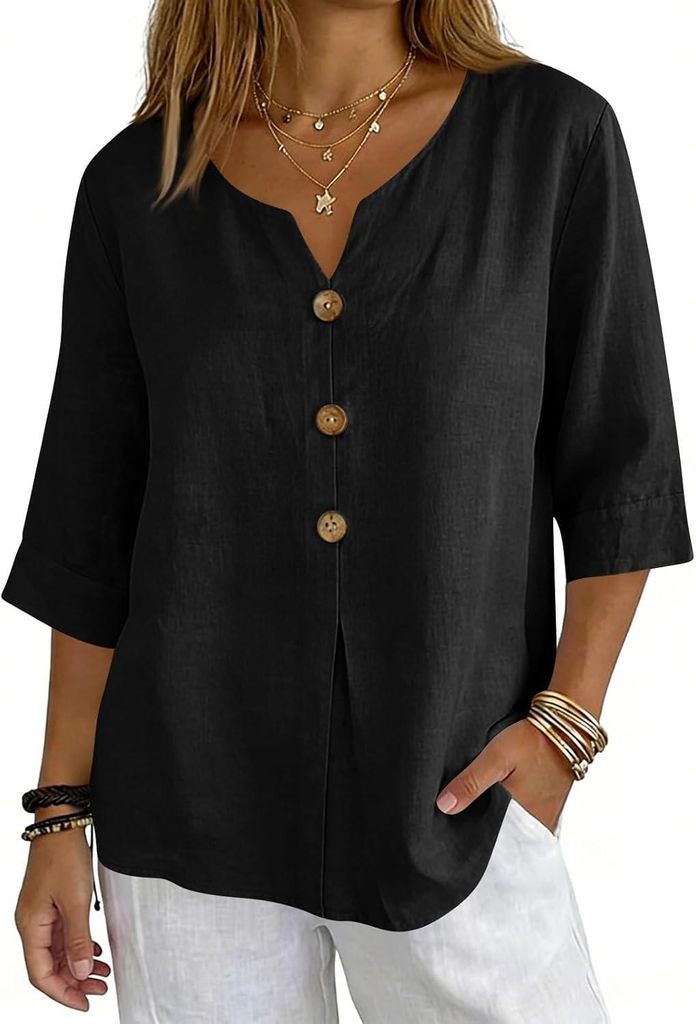 ASKSA Musselin Bluse Damen 3/4 aermel Sommerbluse Oversized Elegant V-Ausschnitt Tshirts Hawaii Hemd Leichte Kurzarm Bluse Top (Schwarz,XXL)
