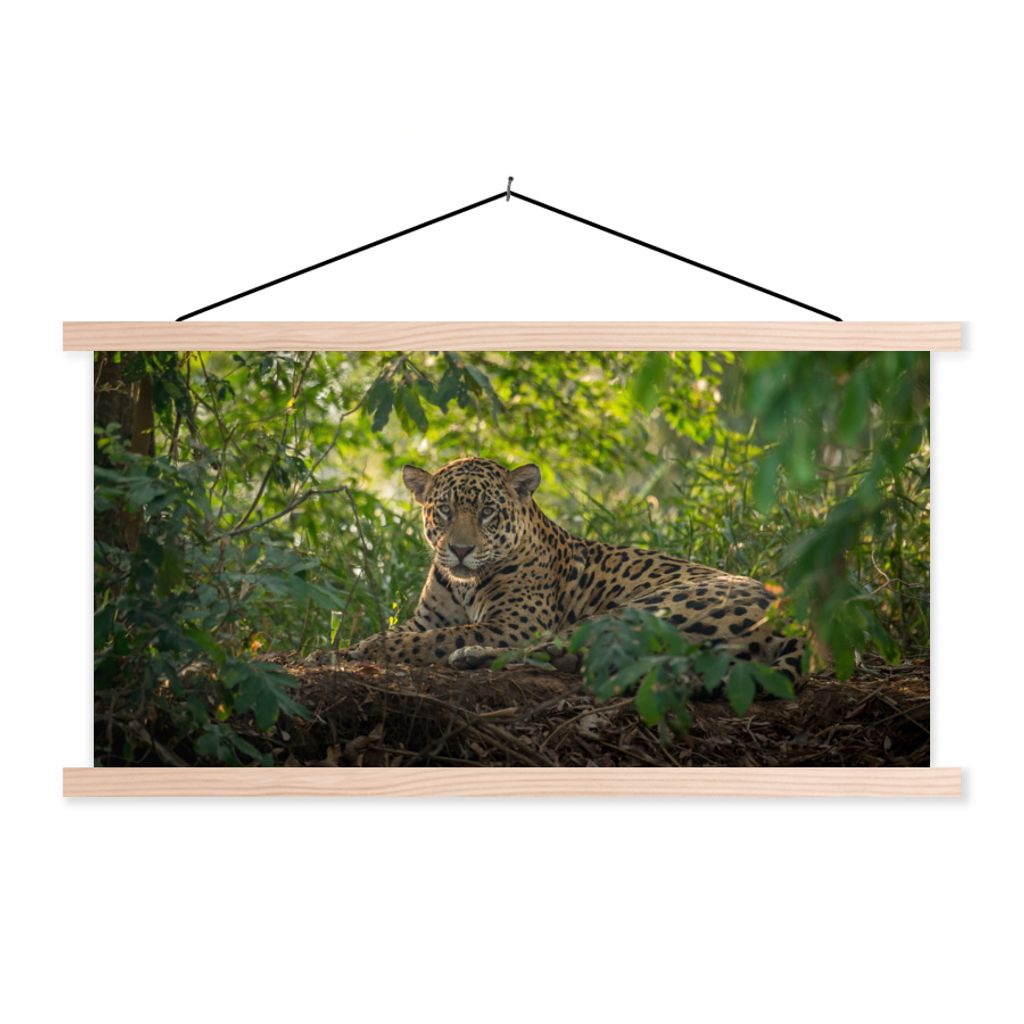 MuchoWow Textilposter Jaguar im Dschungel 120x60 cm mit holzfarbenen Rahmen - Klemmleiste