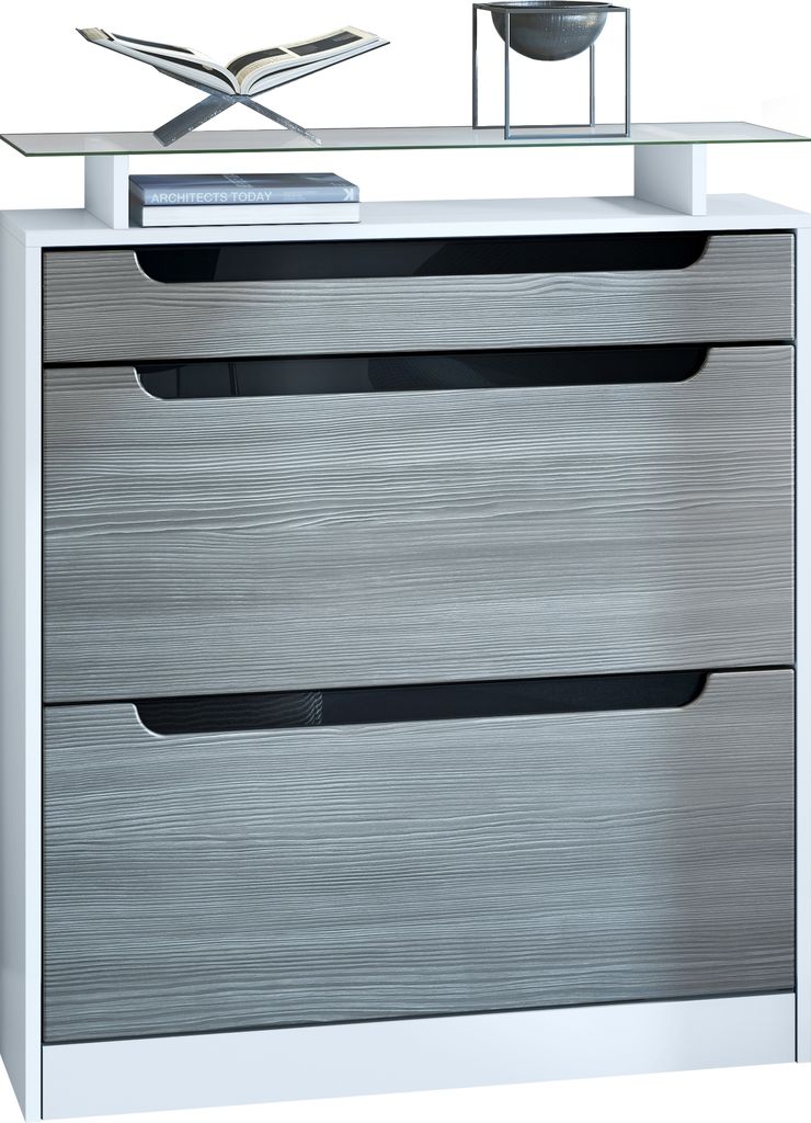Vladon Schuhschrank Fiesta, Weiß matt/Avola-Anthrazit/Schwarz Hochglanz Schuhkipper für 16 Paar Schuhe mit 2 Klappen (89 x 104 x 23 cm)