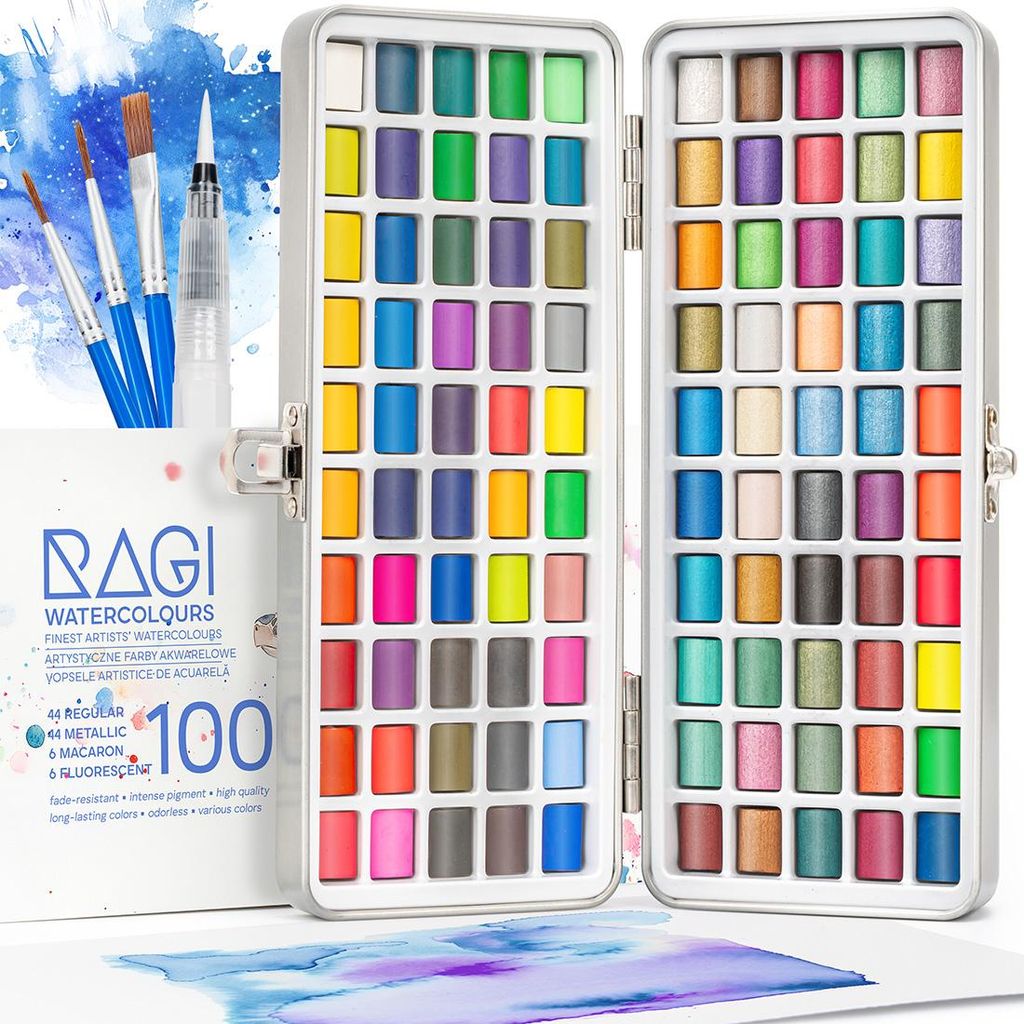 RAGI Aquarellfarben Set 100 Farben Malkasten Tuschkasten Wasserfarbkasten mit Wassertankpinsel Pinsel Set Künstler Aquarell Deckfarbkasten für Ki...