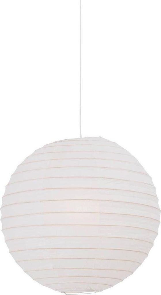 A white paper lantern pendant light hanging from a white cord against a white background.