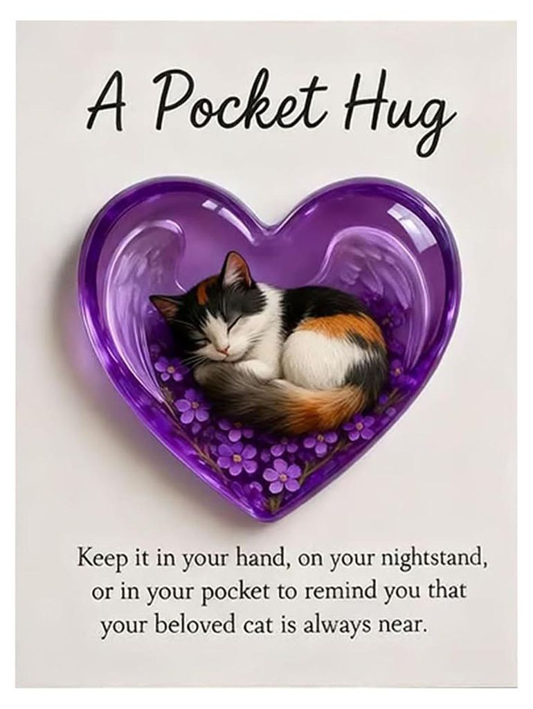 Katzen-Gedenk-Taschenumarmung mit inspirierender Karte – Emotionale Unterstützung – Herzförmiger Anhänger einer schlafenden Katze – Erinne...