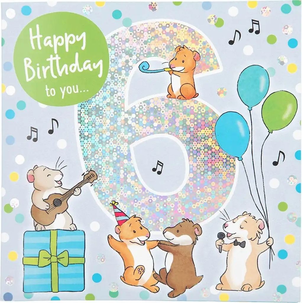 Zahlenkarte zum 6. Geburtstag mit Musik, veredelte Klappkarte mit originellem Innentext, inkl. Umschlag, Format 15,5 x 15,5 cm