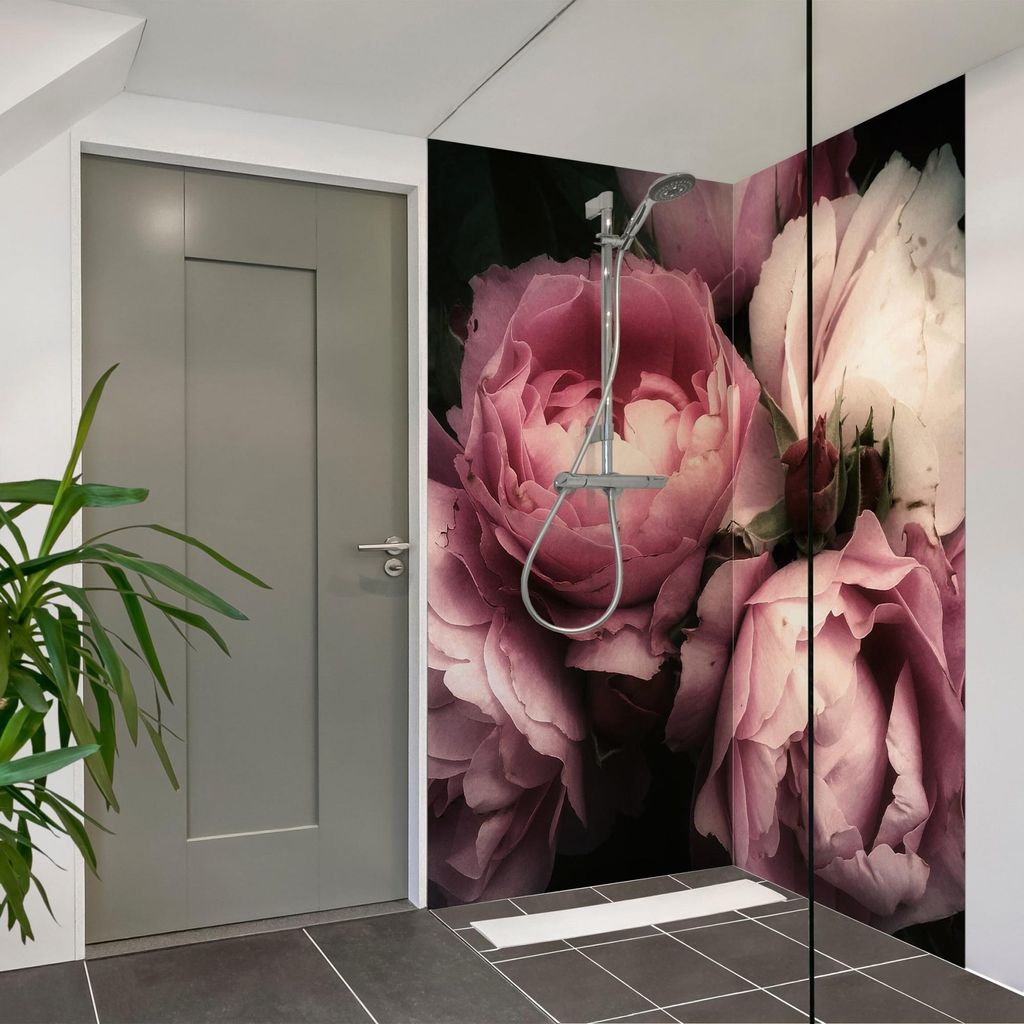Duschrückwand Blumen selbstklebend - 0.61 mm Wandpaneel wasserfest Rose rosa Landhaus Badrückwand fugenlos Premium matt 100x190 cm