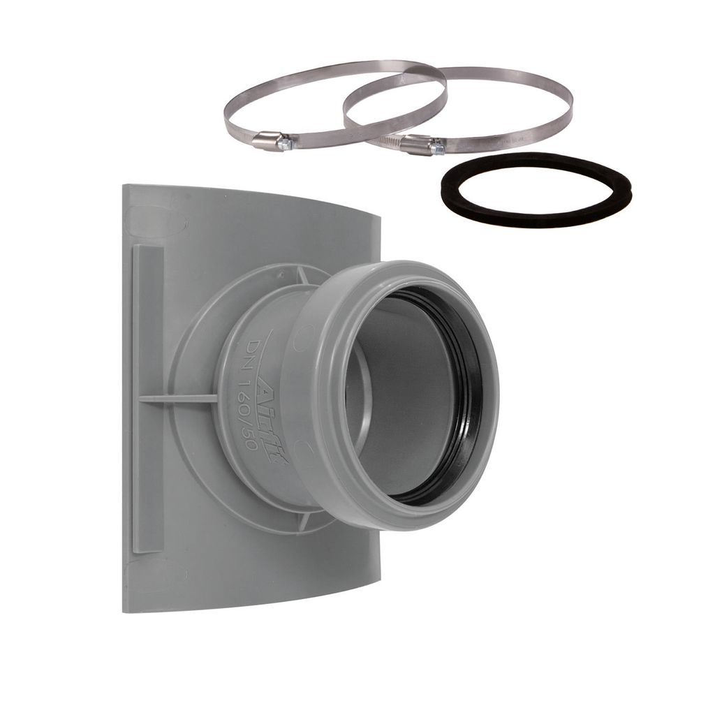 A gray plastic pipe fitting with two metal hose clamps and a black rubber gasket on a white background.