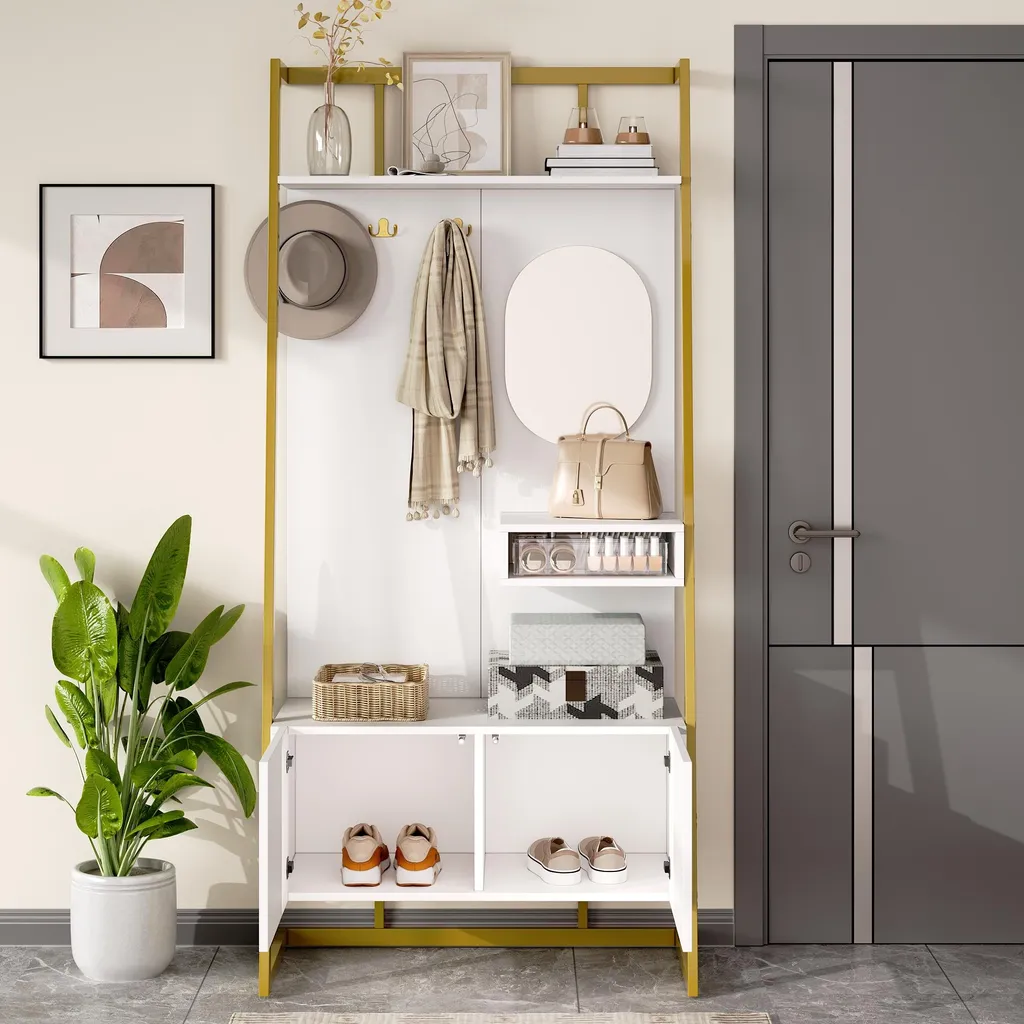 Meuble d'Entrée Compact Blanc à Double Porte et Rangement à Chaussures - 2