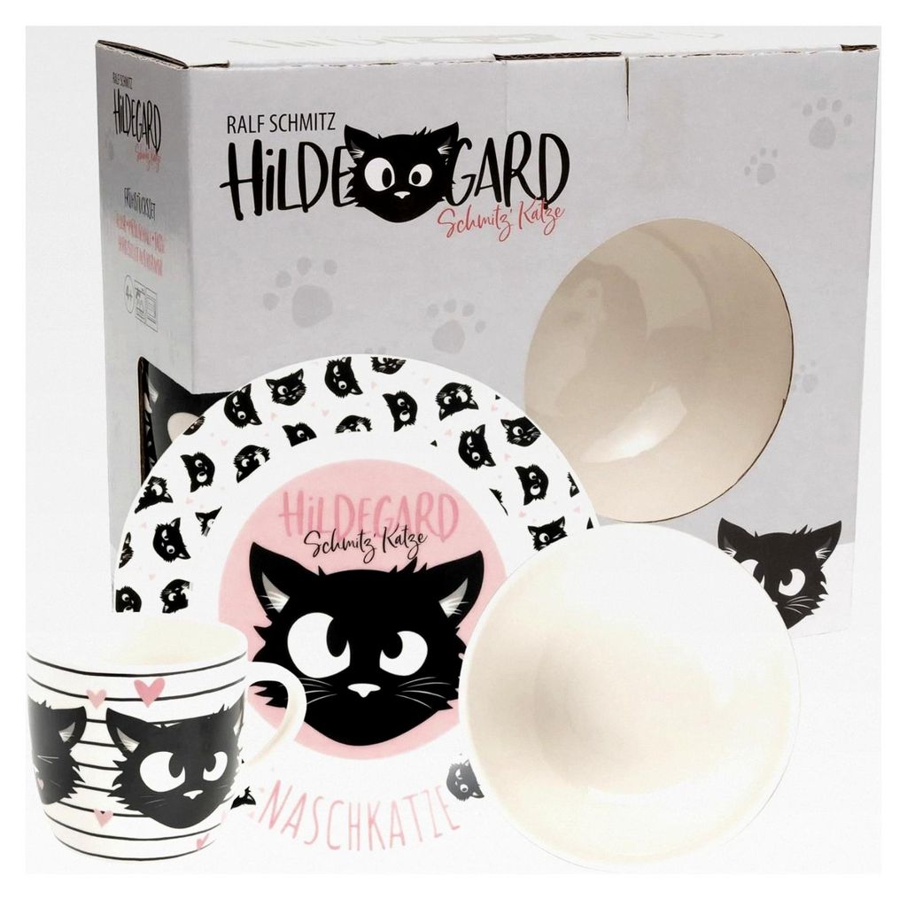 Ralf Schmitz 3-teiliges Geschirrset, Weiß, Hildegard Katze Frühstücksset aus Porzellan mit Teller Ø 19 cm, Tasse 220 ml und Schale 330 ml