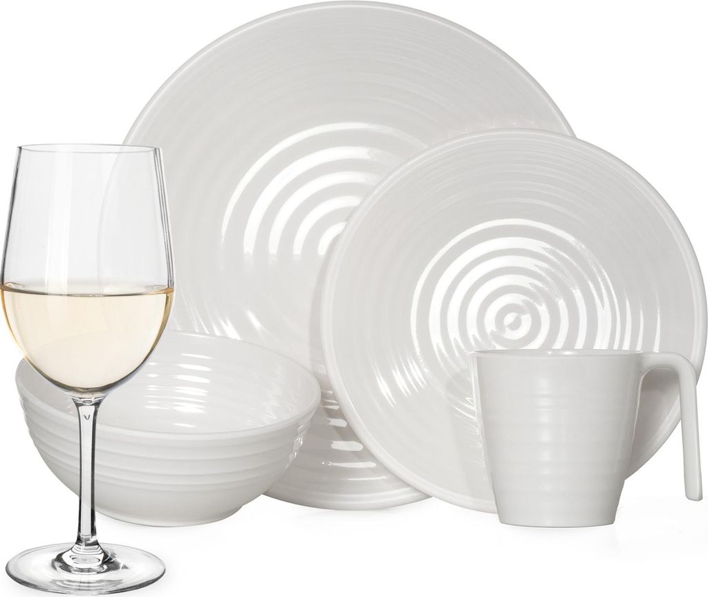 Melamin Camping Geschirr Set 4 Personen Crema 16 Teilig + 4 Tiamo Weiß Weingläser Tafelgeschirr Picknick BBQ Kochgeschirr