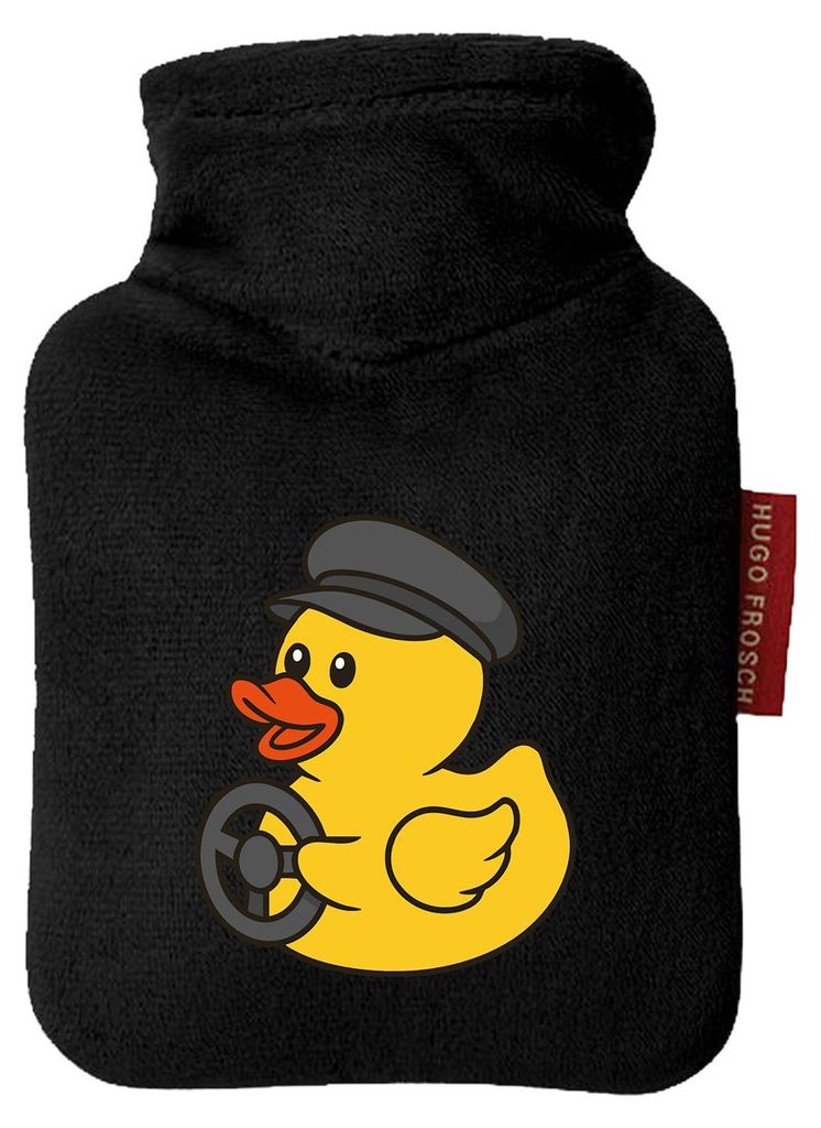 Huuraa Mini-Wärmflasche Quietscheente Kraftfahrt Comic Gummiente 0,2 Liter Black Mini Veloursbezug Taschenwärmer Geschenkidee