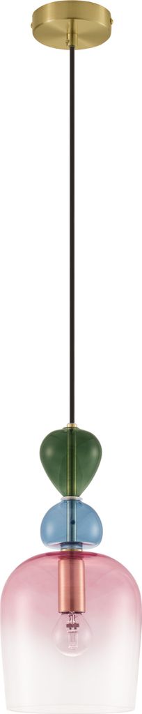 A pendant light with stacked colored glass shades.