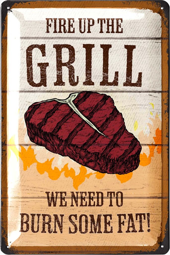 LANOLU Retro Blechschild Grill and Burn Fat, Blechschild Grillen, Grill Schilder Outdoor als Grill Deko und Grillmeister Geschenk, 20x30cm