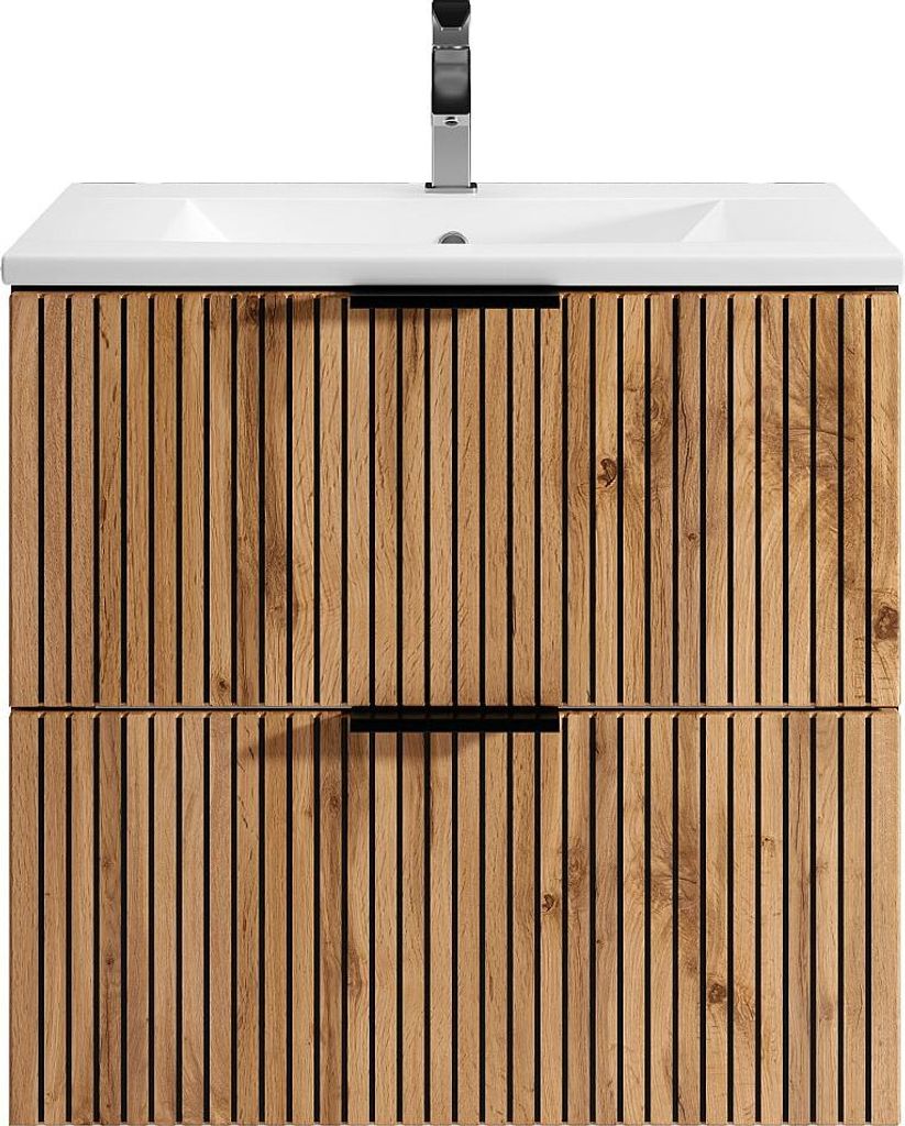 Rillenförmiger Hängeschrank für Badezimmer mit Waschbecken - Natürliches Licht und Schwarz - 60 cm - MADELA