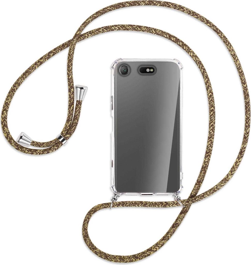 Handykette Backcover-Schutzhülle mit Band (Metall silberfarben) für Sony Xperia XZ1 Compact - braun+beige