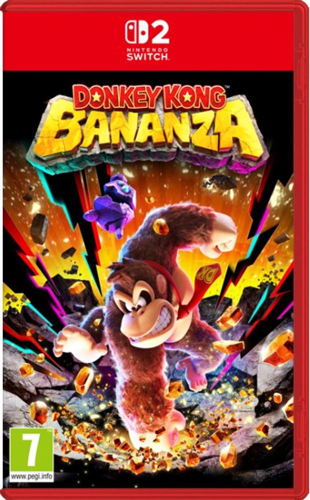 The cover art for the Nintendo Switch game Donkey Kong Bananza, featuring Donkey Kong in a dynamic pose against a vibrant, explosive background.