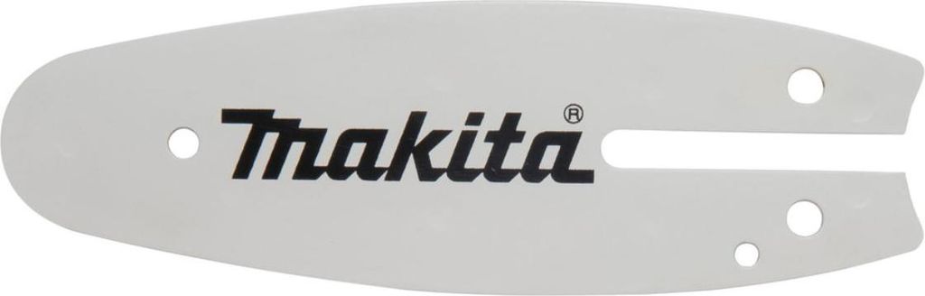 A close-up, studio shot of a chainsaw guide bar with the Makita logo.