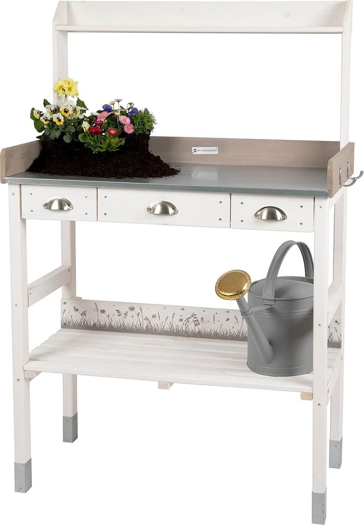 Großer weißer Pflanztisch mit Zinkplatte und 3 Schubladen - Wetterfeste Gartenarbeitstisch für drinnen und draußen, 85 x 45 x 130 cm