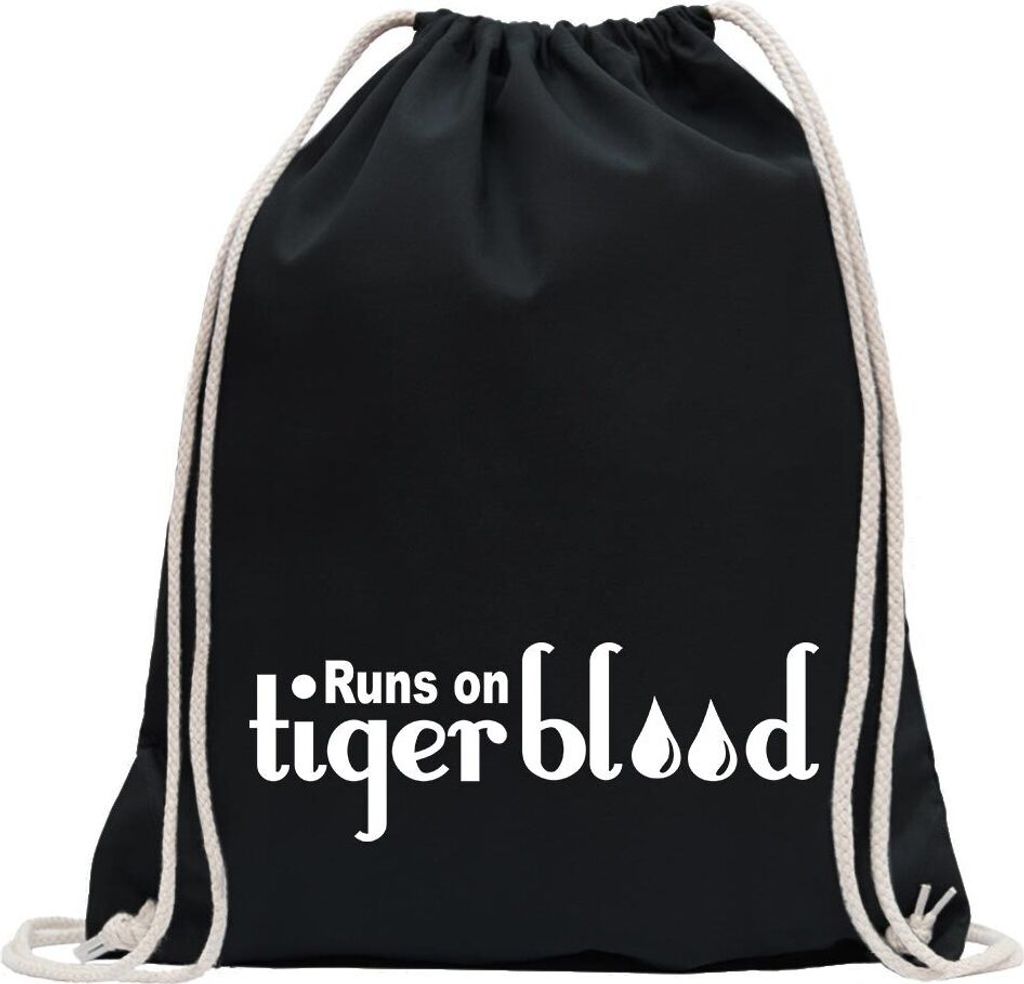 Kiwistar - Turnbeutel - schwarz - Runs on Tigerblood - Fun Rucksack Sport Beutel Gymsack Baumwolle mit Ziehgurt