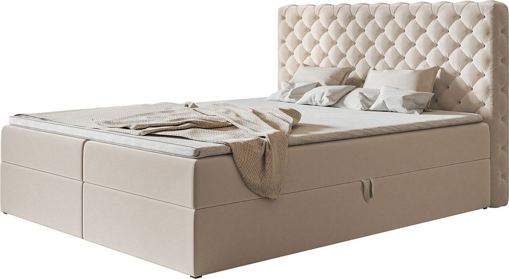 Boxspringbett MIAMI mit 2 Bettkästen, Polsterbett Maße: 120x200, Farbe: Beige, Velourstoff, Doppelbett mit Bonell-Matratze