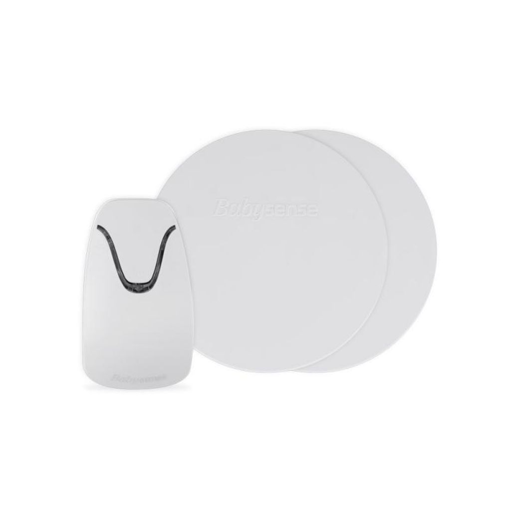 A white baby monitor sensor pad and receiver unit are shown on a white background.