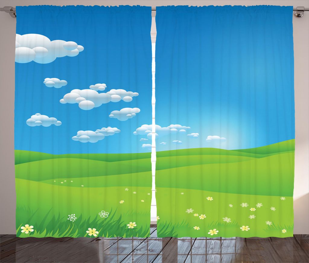 ABAKUHAUS Landschaft Rustikaler Gardine, Cartoon-Tal-Szene, Schlafzimmer Kräuselband Vorhang mit Schlaufen und Haken, 280 x 245 cm, Blau Weiß Grün