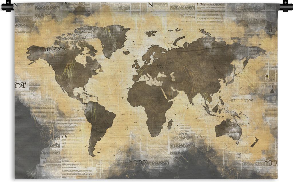 MuchoWow Wandteppich Wandbehang Weltkarte - Gold - Zeitung 150x100 cm Tapisserie Dekoration Wandtuch - Waschbar - Tapisserien - Wand-Decke