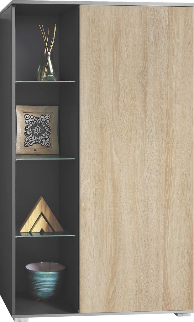 Vladon Vitrine Davos, Germany, Standvitrine mit 3 Glasböden und 8 Fächer, Anthrazit matt/Eiche sägerau (71,5 x 134 x 35 cm)