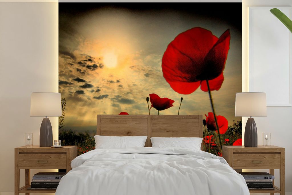 MuchoWow Fototapete für Wohnzimmer oder Schlafzimmer Wandtapete Vinyl Motivtapete Mohnblumen am Abend - 350x350 cm - Schlafzimmertapete