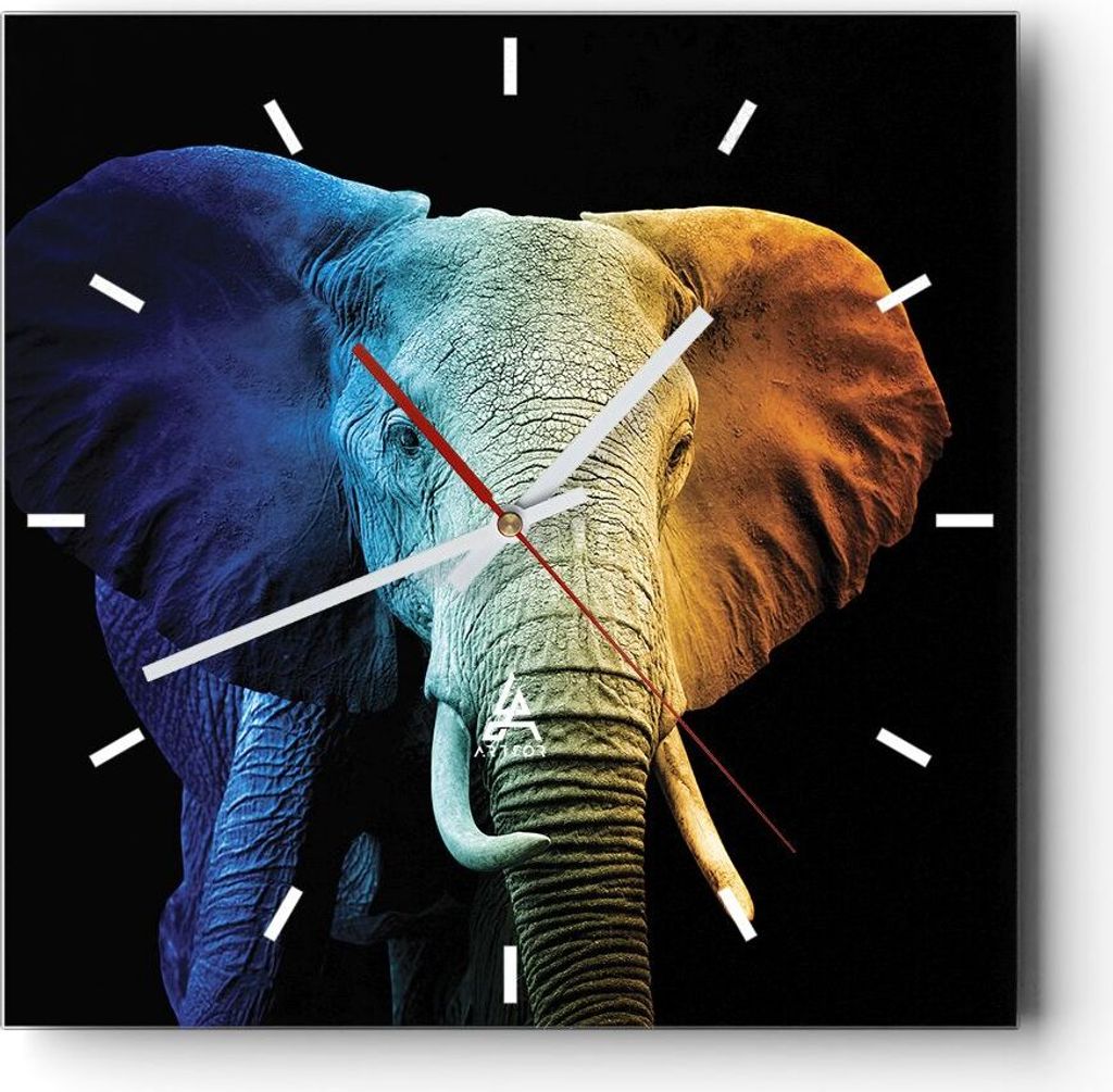 Wanduhr - Quadrat - Glasuhr - Bunt Elefant Fotografie - 30x30cm - Schleichendes Uhrwerk - Lautlos - zum Aufhängen bereit - Dekoration Modern - Wan...