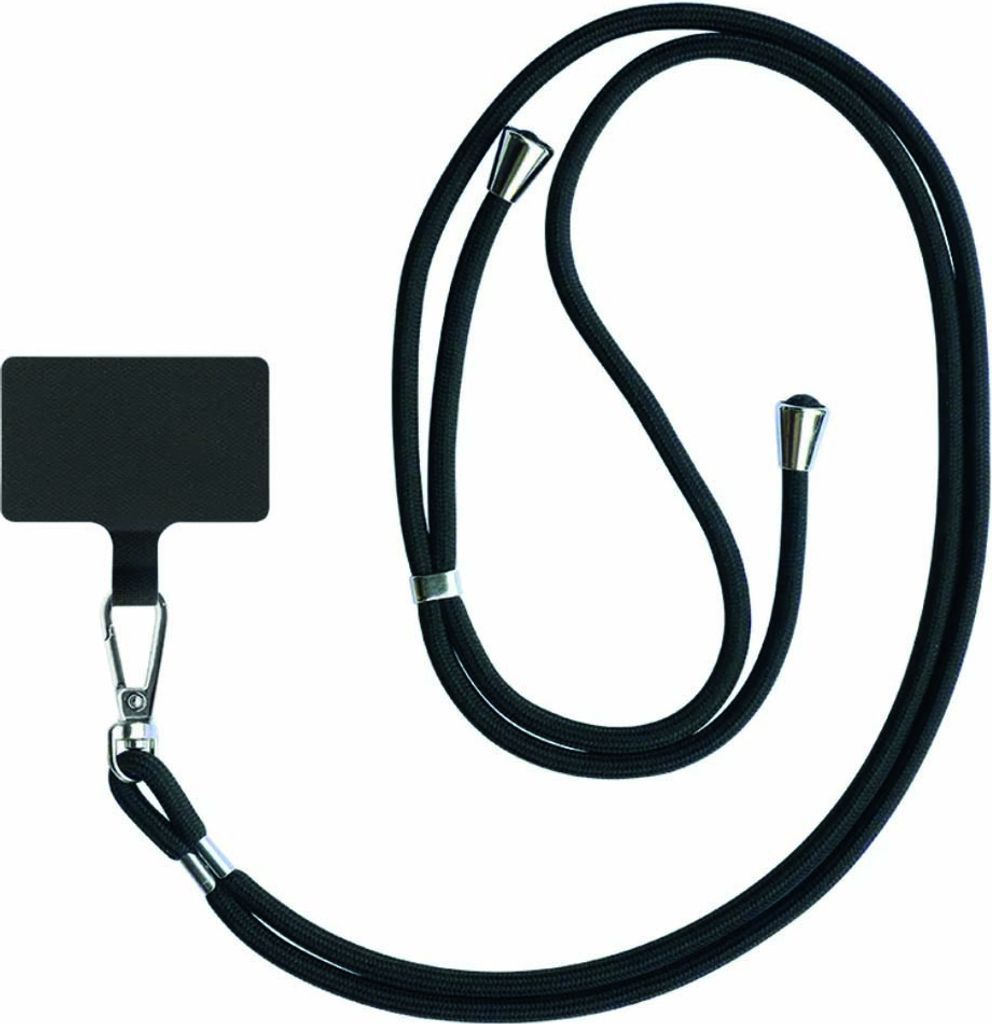 A black universal phone lanyard with a small black rectangular attachment and a metal clasp.