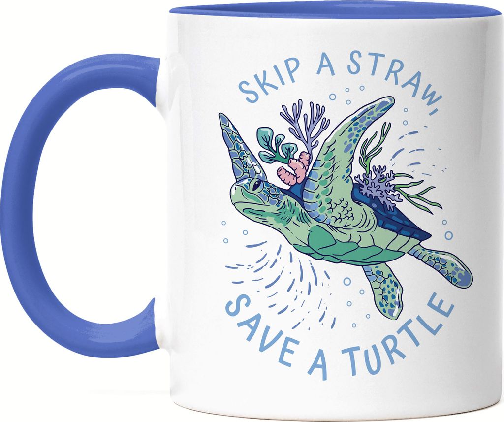 Skip A Straw Save A Turtle Tasse Blau Strohhalm Plastik Schildkröte Meere Ozean Natur Umwelt