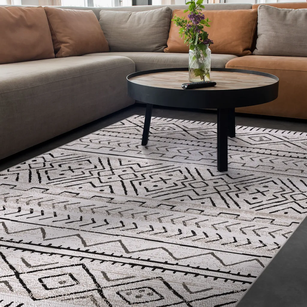 Tapis Aztec robuste design moderne gris 200x290 cm haute résistance