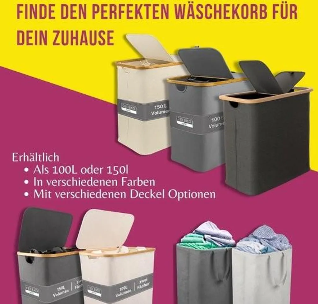 Panier à linge XXL 150L en bambou gris anthracite avec 2 compartiments