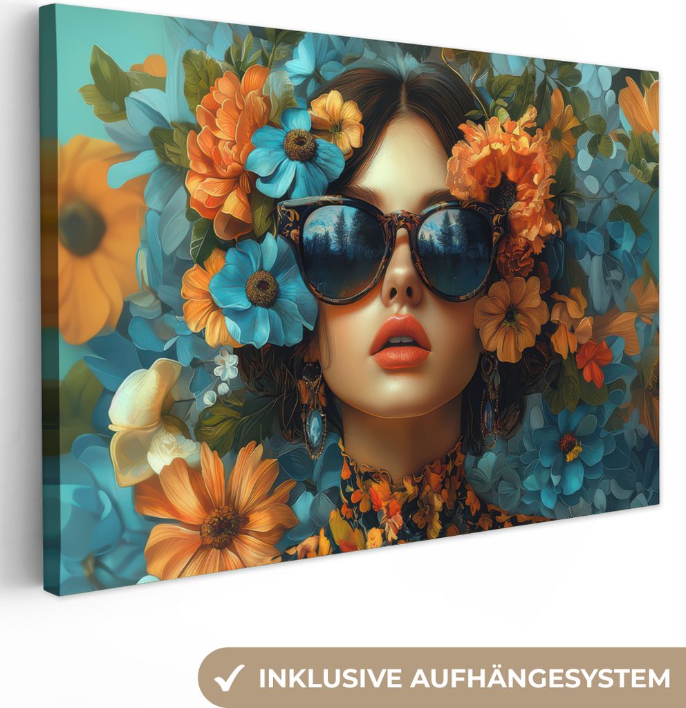 Wanddeko 60x40 cm - Frau - Blumen - Orange - Blau - Modern, Leinwand Bilder, Gemälde, Wanddeko