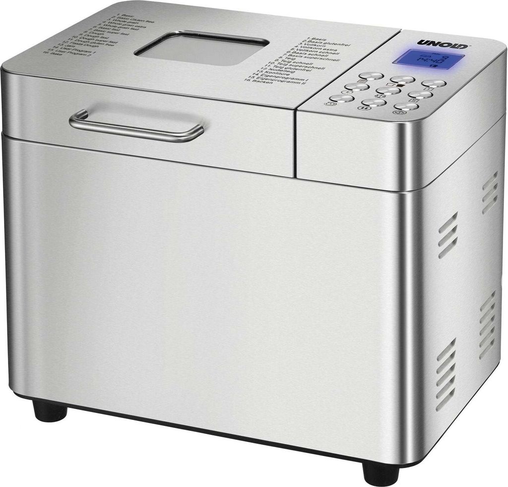 Der Unold Backmeister® Edel ist ein Brotbackautomat aus Edelstahl mit Digitalanzeige, Bedientasten,