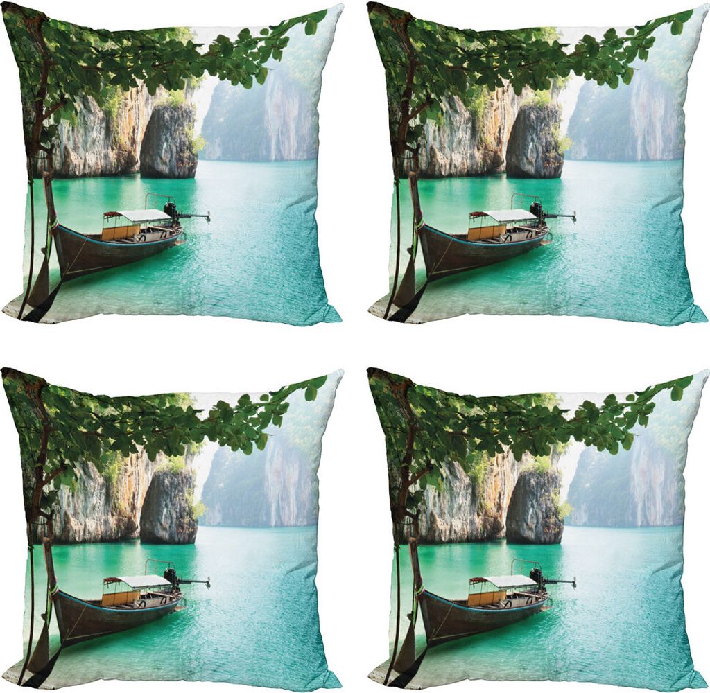ABAKUHAUS Tropisch Kissenbezug Set (4 Stück), Welt Seascape Shore, Moderner Doppelseitiger Digitaldruck, 50 cm x 50 cm, Mehrfarbig